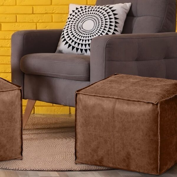 Brown Leather Pouf with handle